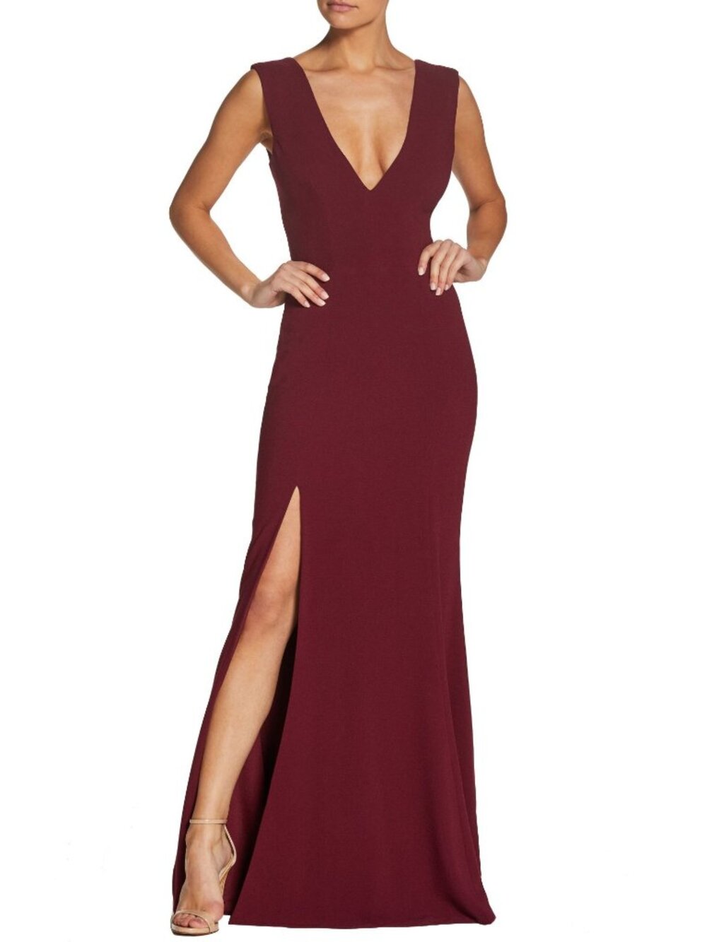 🆕DRESS THE POPULATION Plunge Sandra Trumpet Gown Dress Burgundy Medium 6